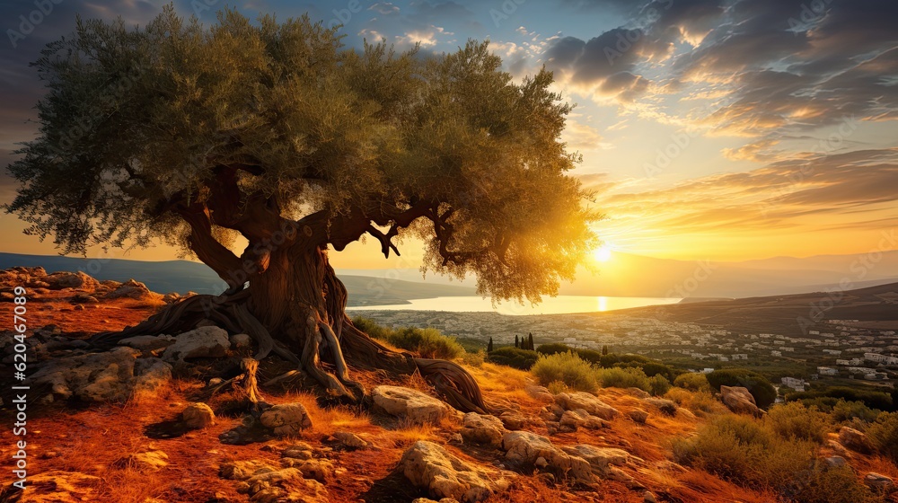 Mediterranean Sunset: Olive Trees on Natural Background. Scenic View of Olive Trees in Greece for Olive Oil Production and Nature Landscape: Generative AI