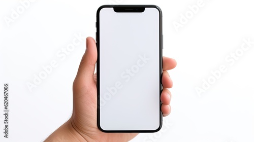 Man's Hand Holding Smartphone with White Screen for Easy Modification - Closeup Isolated Cell Phone Concept. Generative AI