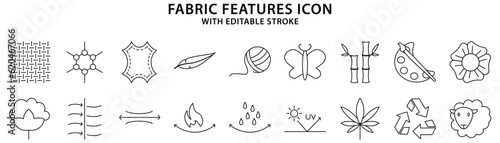Fabric Features icon set. Icons About Fabric features. Set Icon. Vector Illustration. Editable Stroke.