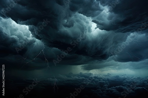 Moody Black Sky Background with Dark Storm Clouds and Rainy Landscape. Dramatic Thunderstorm Clouds in Dusk, Meteorology Danger and Windstorm Disaster Climate Concept. Generative AI