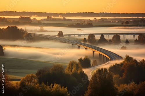 Morning Mist on the Highway: Bridge and Farmland Heading Out of Town on an Autumn Morning with Light Haze Over Paddock. Generative AI