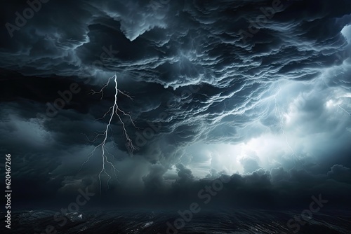 Fotografie, Obraz Moody Black Sky Background with Dark Storm Clouds: Dramatic Thunderclouds, Rain, and Windstorm Disasters in Cloudscape at Dusk
