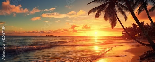 Beauty of beach oceans and romantic sunsets. Majestic palm trees, sunsets and beautiful seascape in paradise