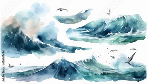 Watercolor Ocean Scene illustration on isolated white background, sea, wallpaper © gfx_nazim
