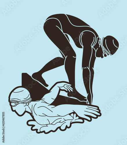 Swimming Sport Male and Female Swimmer Mix Action Cartoon Graphic Vector