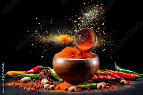 Fototapeta Naklejka Na Ścianę i Meble -  Colorful spices  in wooden bowl and peppers. Spices and seasonings powder splash. Generative AI.
