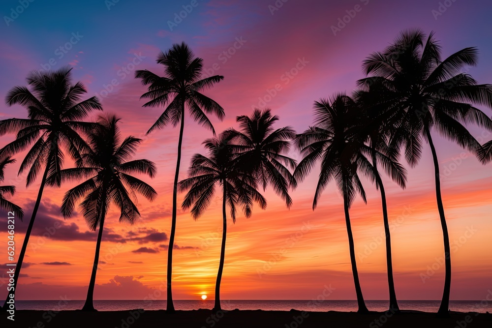 Sky at Dawn over Palm Trees Silhouettes, Zanzibar. Romantic View of Tanzania's East Coast: Generative AI