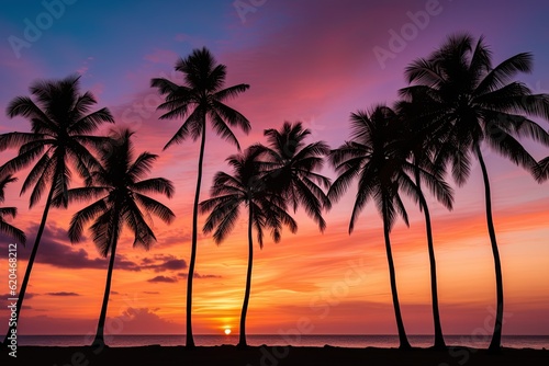 Sky at Dawn over Palm Trees Silhouettes, Zanzibar. Romantic View of Tanzania's East Coast: Generative AI © Web