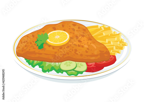 Fried pork schnitzel with french fries vector illustration. Fried steak with fries and vegetable garnish on a plate icon vector isolated on a white background. Chicken cutlet drawing