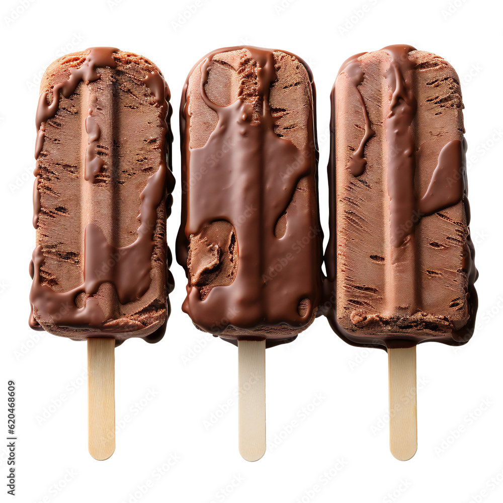 Obraz premium Three chocolate ice creams. Summer ice cream on a stick. Isolated on transparent background. KI.