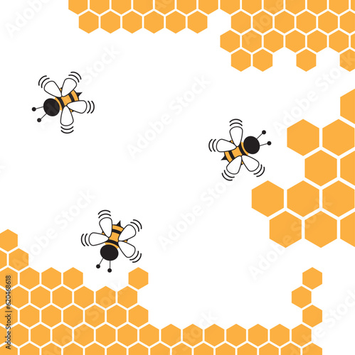 Vector Honeycomb beehive with hexagon grid cells and bee cartoon logo on white background vector illustration. illustration premium design vector eps10