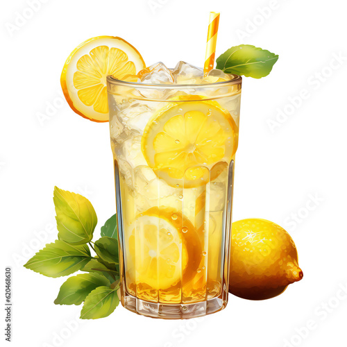 Summer lemonade in a glass glass with ice, lemons and mint. Lemonade drawing, drawn lemonade. Isolated on transparent background. KI.