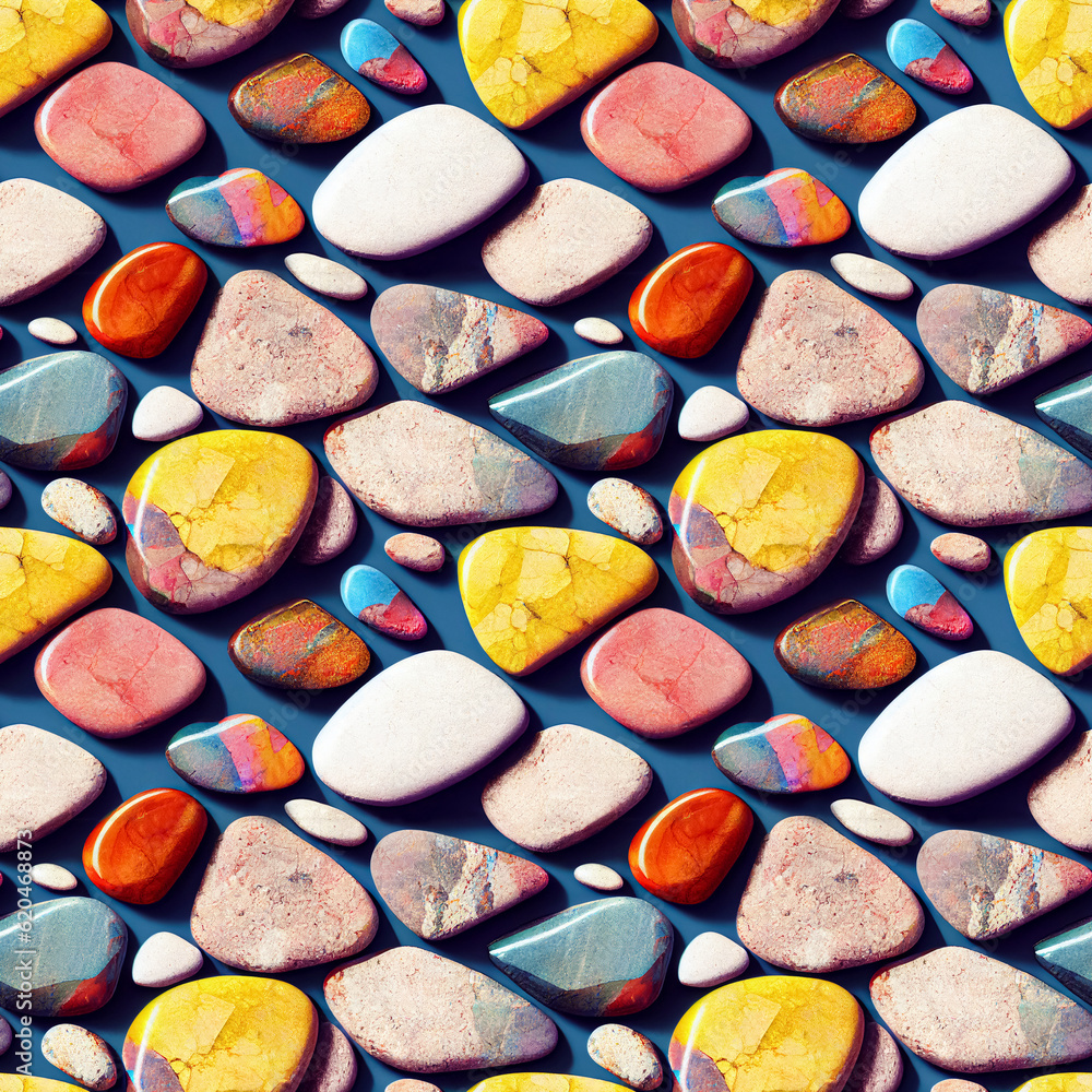 Naklejka premium Polished gemstones seamless pattern. Tumbled rocks, pebbles repeating background. Generative AI.