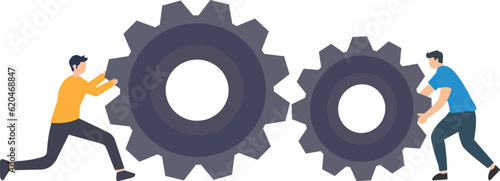 Teamwork business setting, Working together, Business success, Business collaboration, Businessmen push gear cogwheels, leading to success

