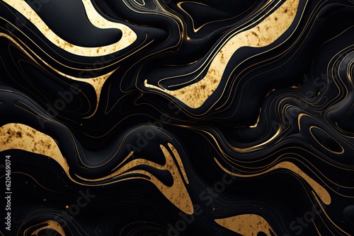 Wavy 3D Art: Black Gold Swirls on Abstract Marble Background