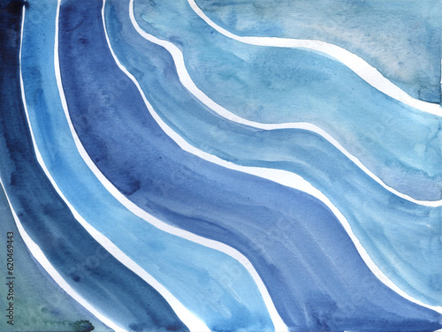 Abstract sea background, seashore, watercolor illustration,blue lines