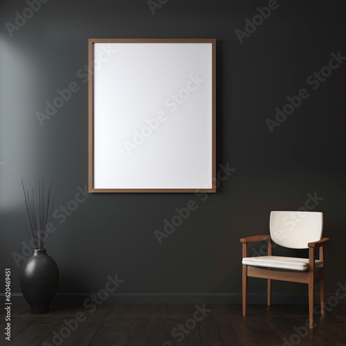 a single large wooden vertical frame mockup on a dark wall in a minimalist house created by generative AI © Drasen