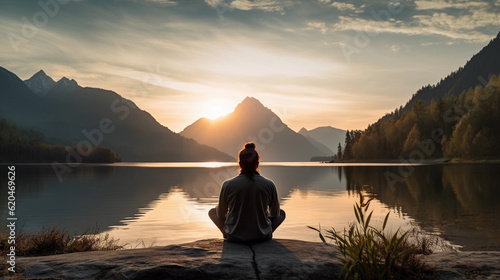 back view of a man sitting in yoga pose in the sundown with a lake and mountains in front of him created by generative AI