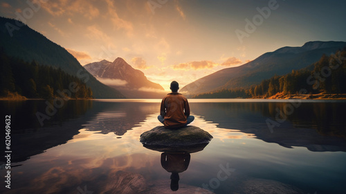 back view of a man sitting in yoga pose in the sundown with a lake and mountains in front of him created by generative AI © Drasen