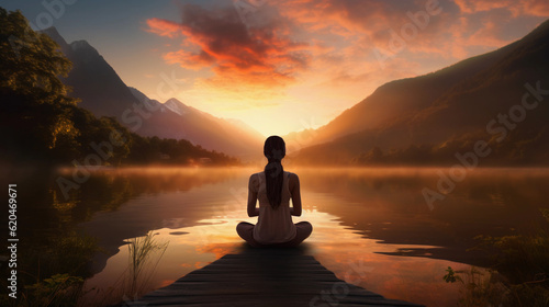back view of a woman sitting in yoga pose in the sundown with a lake and mountains in front of her created by generative AI