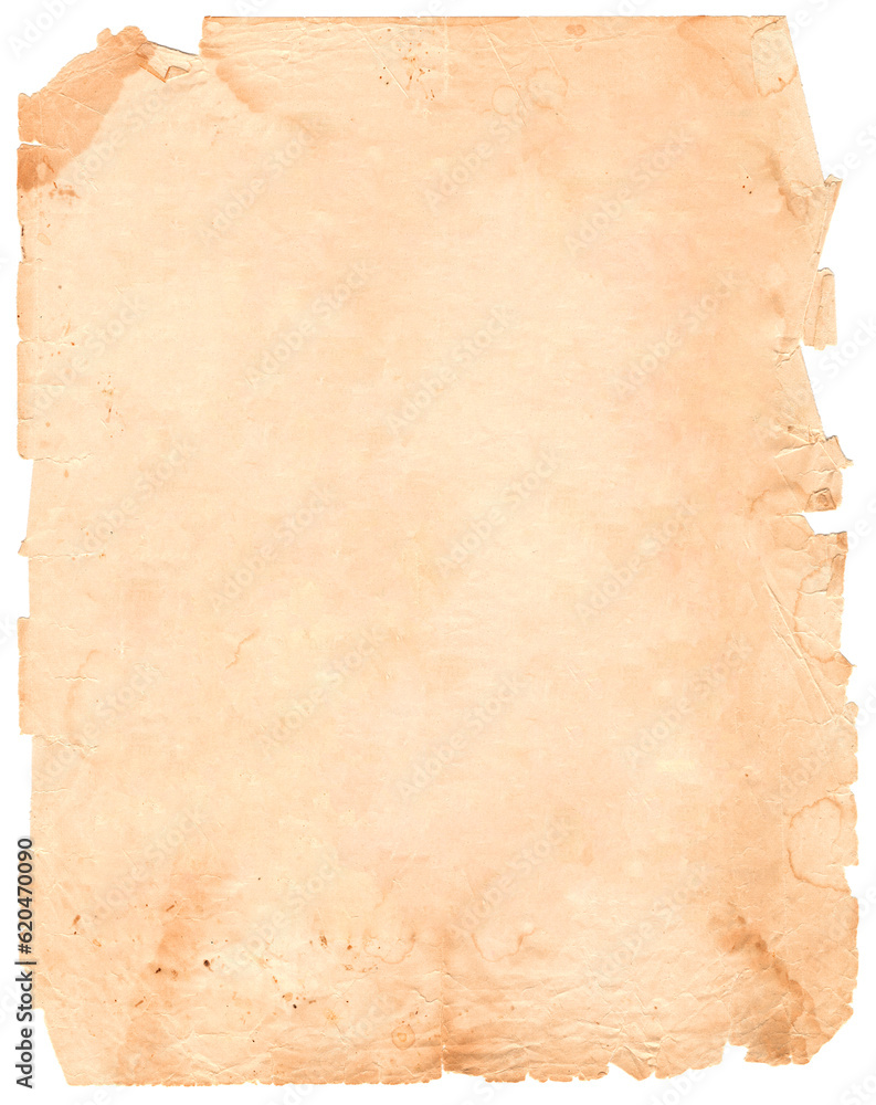 An old worn paper sheet, highlighted on a white background, with torn edges.