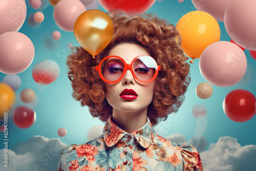 Retro style curly haired woman with vintage glasses and blue background with balloons. ia generate