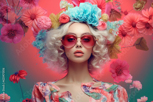 Blond woman, curly hair with the background full of flowers. Fashion model. ia generate
