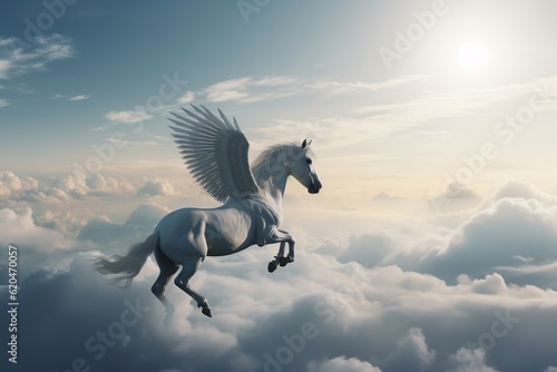 Skybound Majesty: Majestic Pegasus Horse Soaring High Above the Clouds, Majestic Pegasus, Horse, Flying, High Above, Clouds, Skybound, Mythical, Fantasy, Graceful,