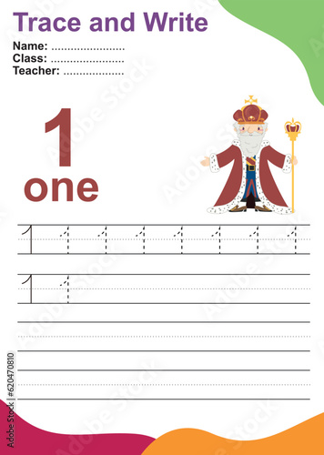 Number one tracing practice worksheet with one king for kids learning to count and to write. Vector Illustration. Exercise for children to recognize the number.
