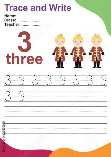 Number three tracing practice worksheet with three prince for kids learning to count and to write. Vector Illustration. Exercise for children to recognize the number.