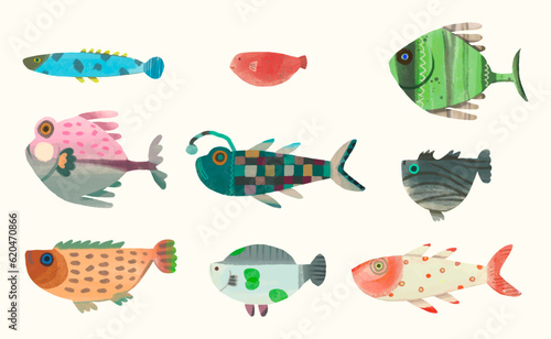 Fish, watercolor painting. animal cartoon vector illustration collection. isolated on a white background.