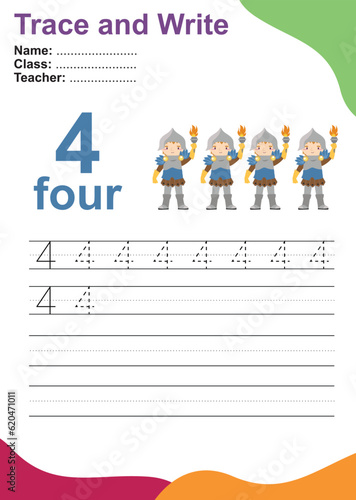 Number four tracing practice worksheet with four kingdom guards for kids learning to count and to write. Vector Illustration. Exercise for children to recognize the number.