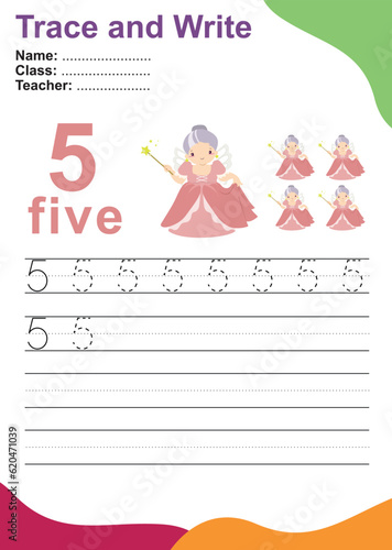 Number five tracing practice worksheet with five fairy godmother for kids learning to count and to write. Vector Illustration. Exercise for children to recognize the number.