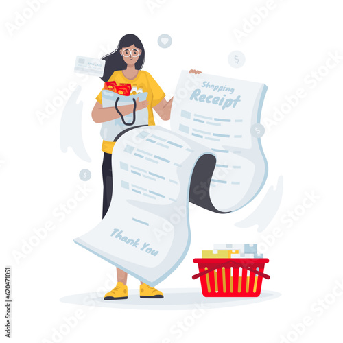 A woman with shopping transaction receipt flat illustration