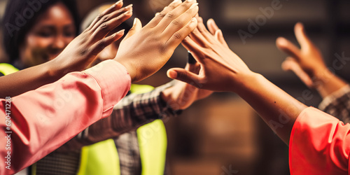 Warehouse workers giving high five to each other. Industrial people with hands together for success and teamwork, digital ai
