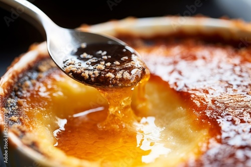 Crème Brûlée with a cracked sugar top and a scoop taken out revealing the creamy custard inside photo