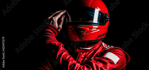 portrait of a racing driver in a helmet. formula one racing driver on black background. Banner with copy space, Racer in a helmet.   © Viks_jin