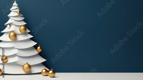 A white christmas tree with gold ornaments against a blue wall. Generative AI. Simple Christmas trees. Copy-space, place for text.