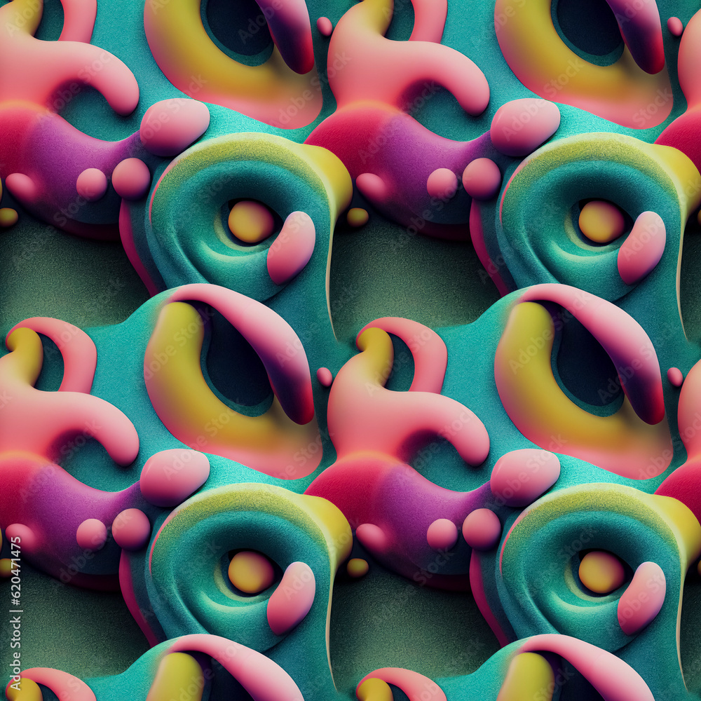 Abstract colorful funky surreal psychedelic dynamic liquid 3D forms substance seamless pattern. Generative AI.