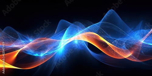 Visualization of sound waves. Abstract futuristic background with colorful glowing neon moving high speed wave lines and bokeh lights. Data transfer concept. Fantastic wallpaper. Generative AI