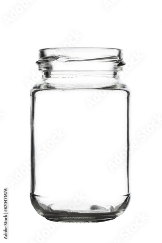 glass jar for storage and canning under the lid with thread, isolated on a white background