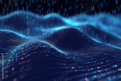 Visualization of sound waves. Abstract futuristic background with colorful glowing neon moving high speed wave lines and bokeh lights. Data transfer concept. Fantastic wallpaper. Generative AI