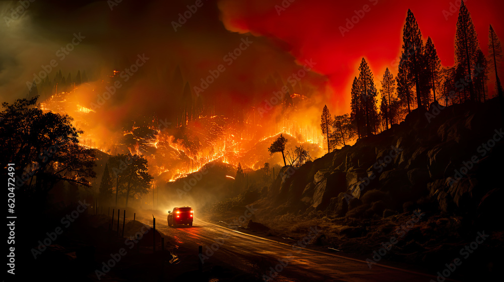 A wildfire, forest fire, burning forest disaster.