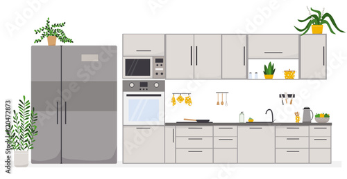 Kitchen interior with furniture, flat style vector illustration