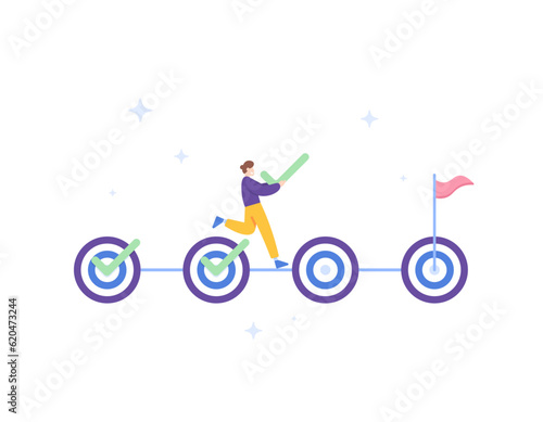 Project and task management. process to finish the job. Project progress. step by step to be able to achieve targets or goals. a Businessman strives to reach all targets. illustration concept design