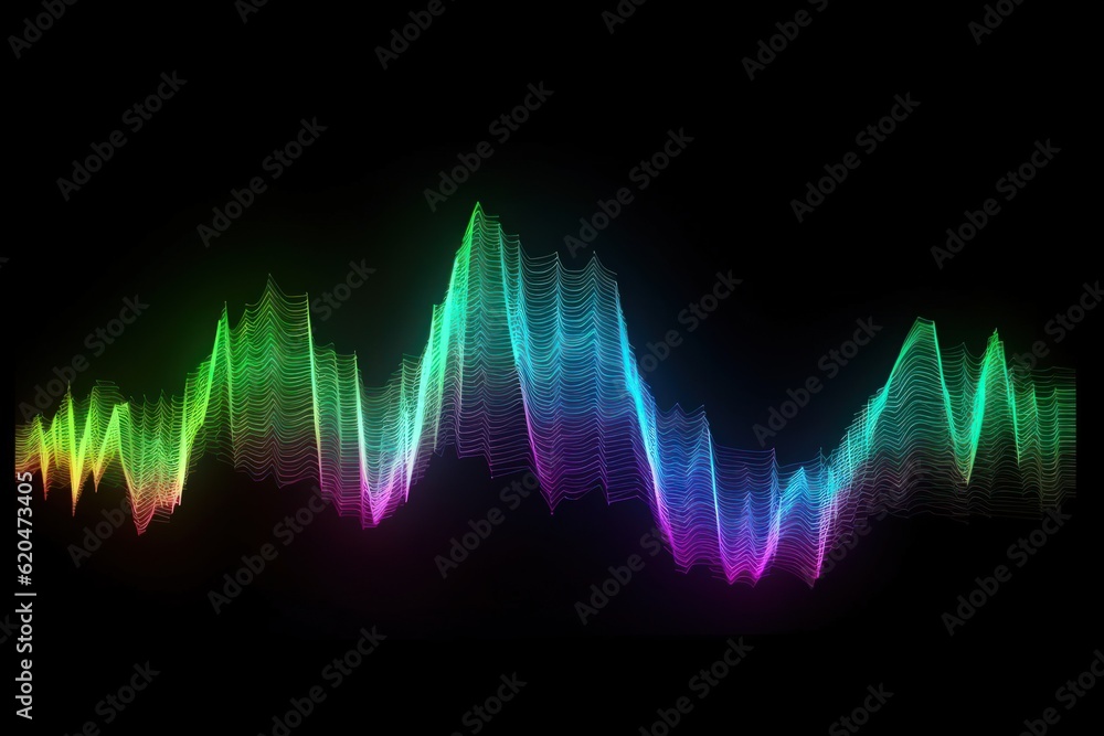 Visualization of sound waves. Abstract futuristic background with colorful glowing neon moving high speed wave lines and bokeh lights. Data transfer concept. Fantastic wallpaper. Generative AI