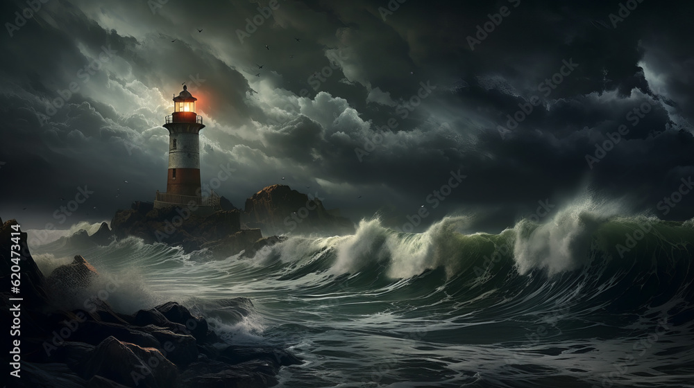 Nocturnal Beacon: Surrealistic Fantasy of an Elegant Lighthouse in Majestic Stormy Seascapes