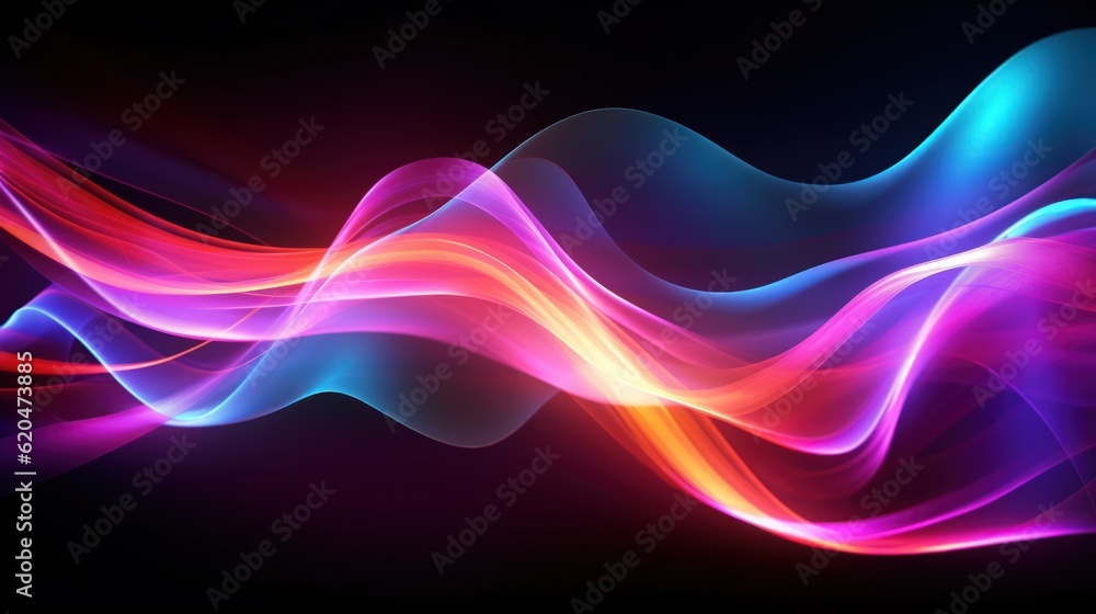 Visualization of sound waves. Abstract futuristic background with colorful glowing neon moving high speed wave lines and bokeh lights. Data transfer concept. Fantastic wallpaper. Generative AI Visualization of sound waves. Abstract futuristic background with colorful glowing neon moving high speed wave lines and bokeh lights. Data transfer concept. Fantastic wallpaper. Generative AI