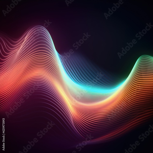 Visualization of sound waves. Abstract futuristic background with colorful glowing neon moving high speed wave lines and bokeh lights. Data transfer concept. Fantastic wallpaper. Generative AI