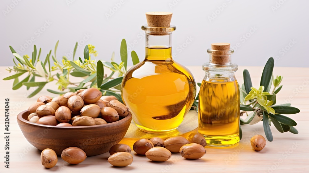 Argan seeds and oil isolated on a white background Argan seeds and oil isolated on a white background